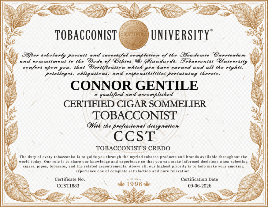 Certified cigar sommelier certificate from Tobaconist University.